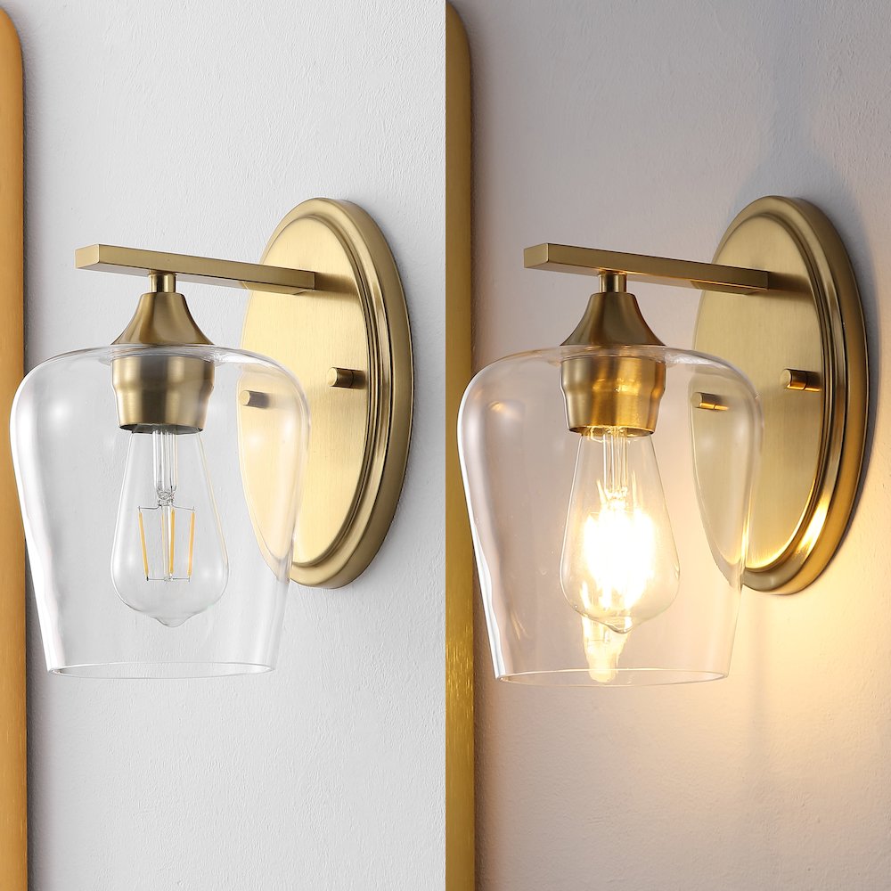 Jayne 6" 1-Light Iron/Glass Cottage Rustic LED Vanity Light, Brass Gold. Picture 5