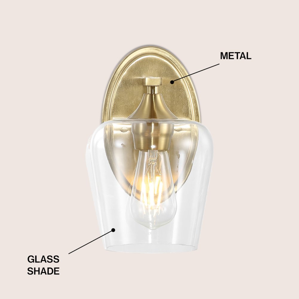 Jayne 6" 1-Light Iron/Glass Cottage Rustic LED Vanity Light, Brass Gold. Picture 3