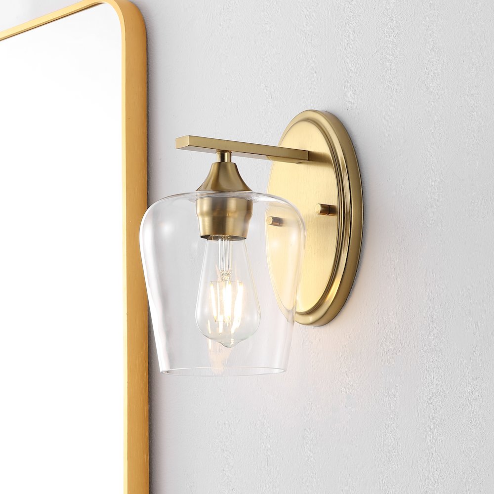 Jayne 6" 1-Light Iron/Glass Cottage Rustic LED Vanity Light, Brass Gold. Picture 7