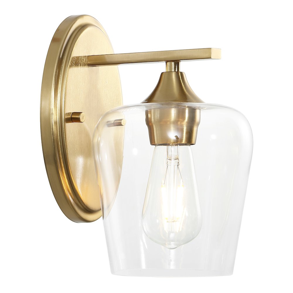 Jayne 6" 1-Light Iron/Glass Cottage Rustic LED Vanity Light, Brass Gold. Picture 1