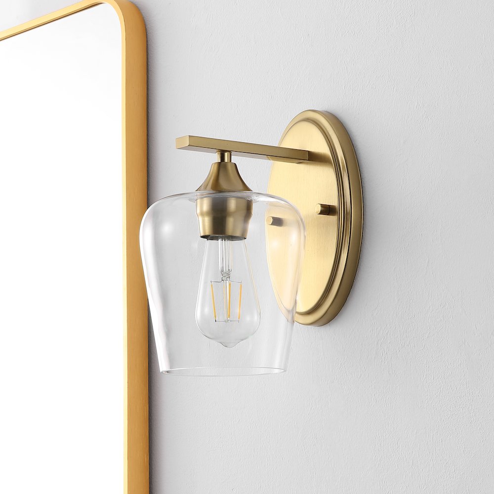 Jayne 6" 1-Light Iron/Glass Cottage Rustic LED Vanity Light, Brass Gold. Picture 2