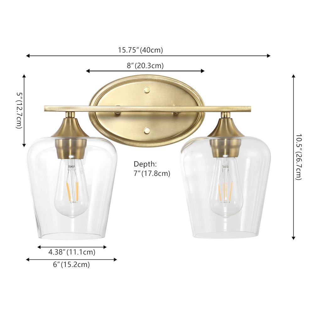 Jayne 15.75" 2-Light Iron/Glass Cottage Rustic LED Vanity Light, Brass Gold. Picture 6