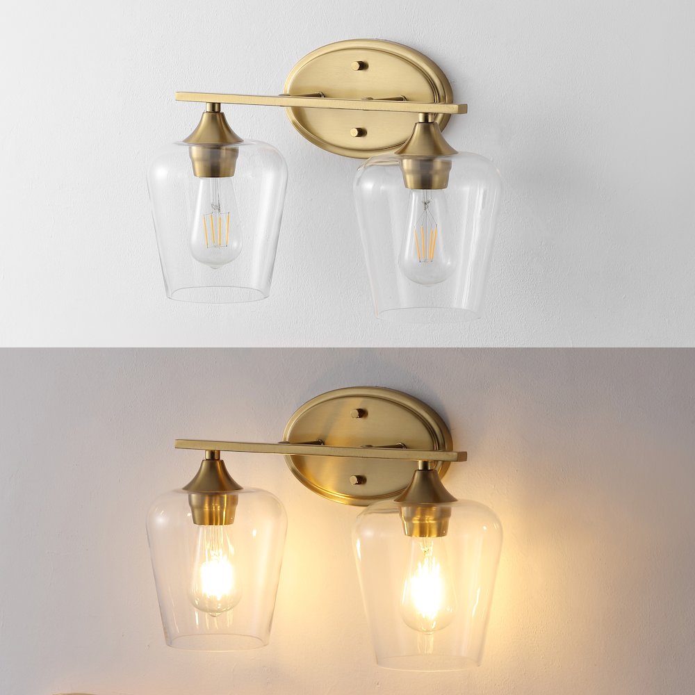Jayne 15.75" 2-Light Iron/Glass Cottage Rustic LED Vanity Light, Brass Gold. Picture 5