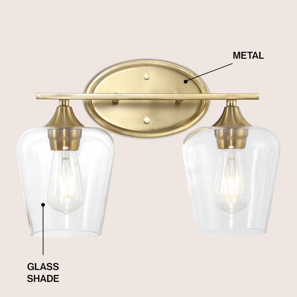 Jayne 15.75" 2-Light Iron/Glass Cottage Rustic LED Vanity Light, Brass Gold. Picture 3