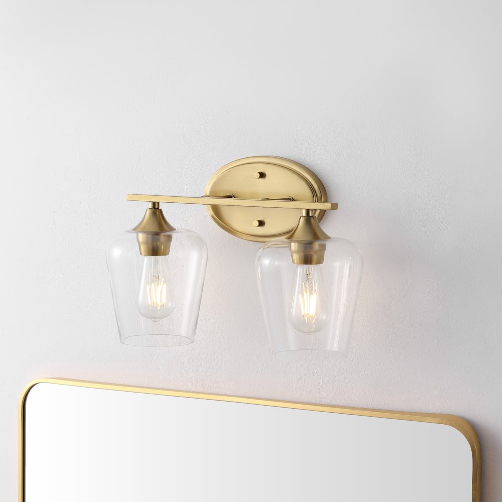 Jayne 15.75" 2-Light Iron/Glass Cottage Rustic LED Vanity Light, Brass Gold. Picture 7