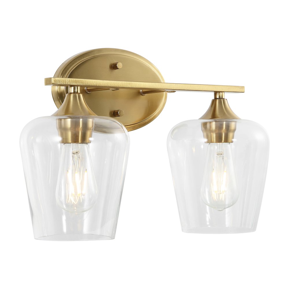 Jayne 15.75" 2-Light Iron/Glass Cottage Rustic LED Vanity Light, Brass Gold. Picture 1