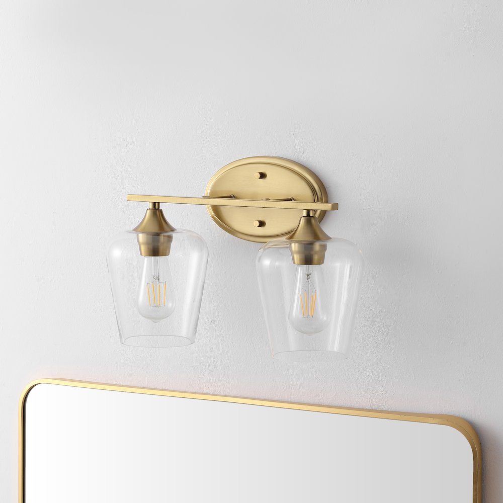 Jayne 15.75" 2-Light Iron/Glass Cottage Rustic LED Vanity Light, Brass Gold. Picture 2