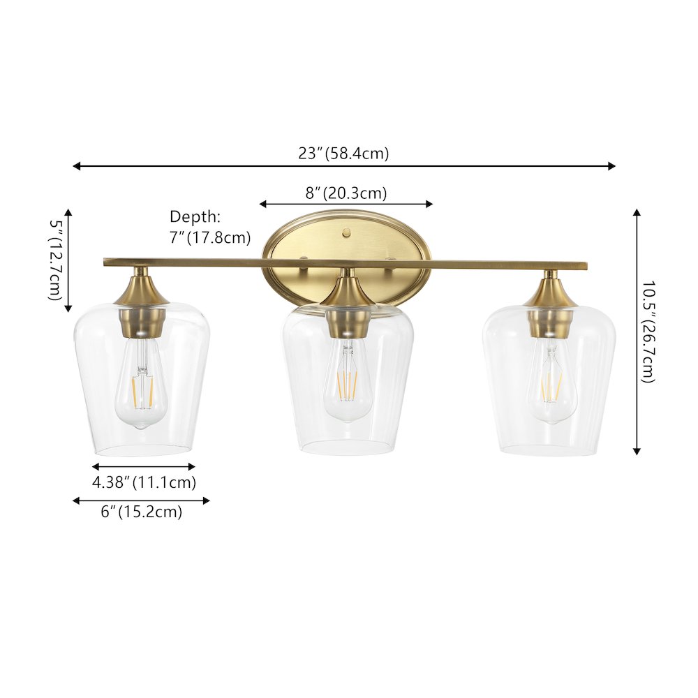 Jayne 23" 3-Light Iron/Glass Cottage Rustic LED Vanity Light, Brass Gold. Picture 6