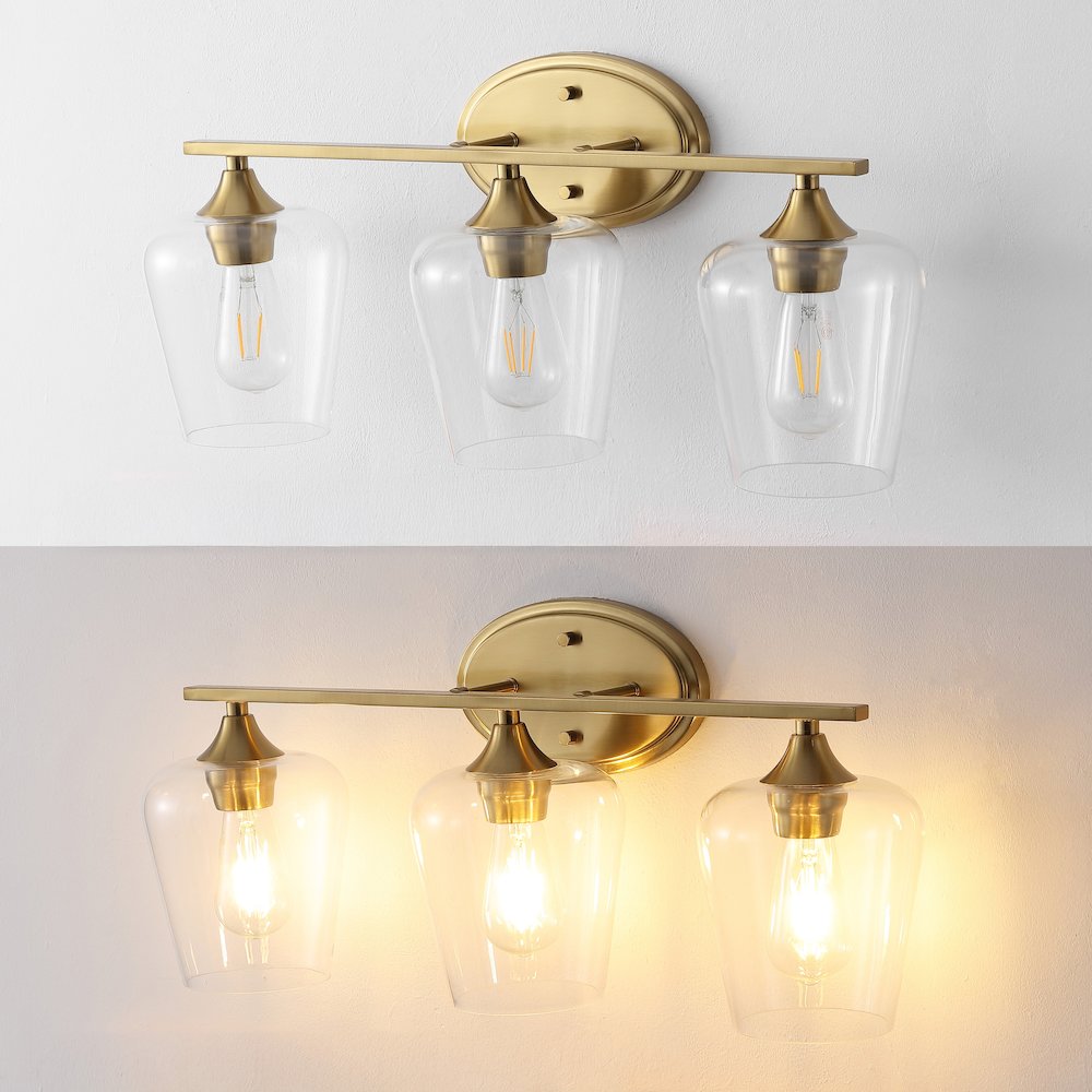 Jayne 23" 3-Light Iron/Glass Cottage Rustic LED Vanity Light, Brass Gold. Picture 5