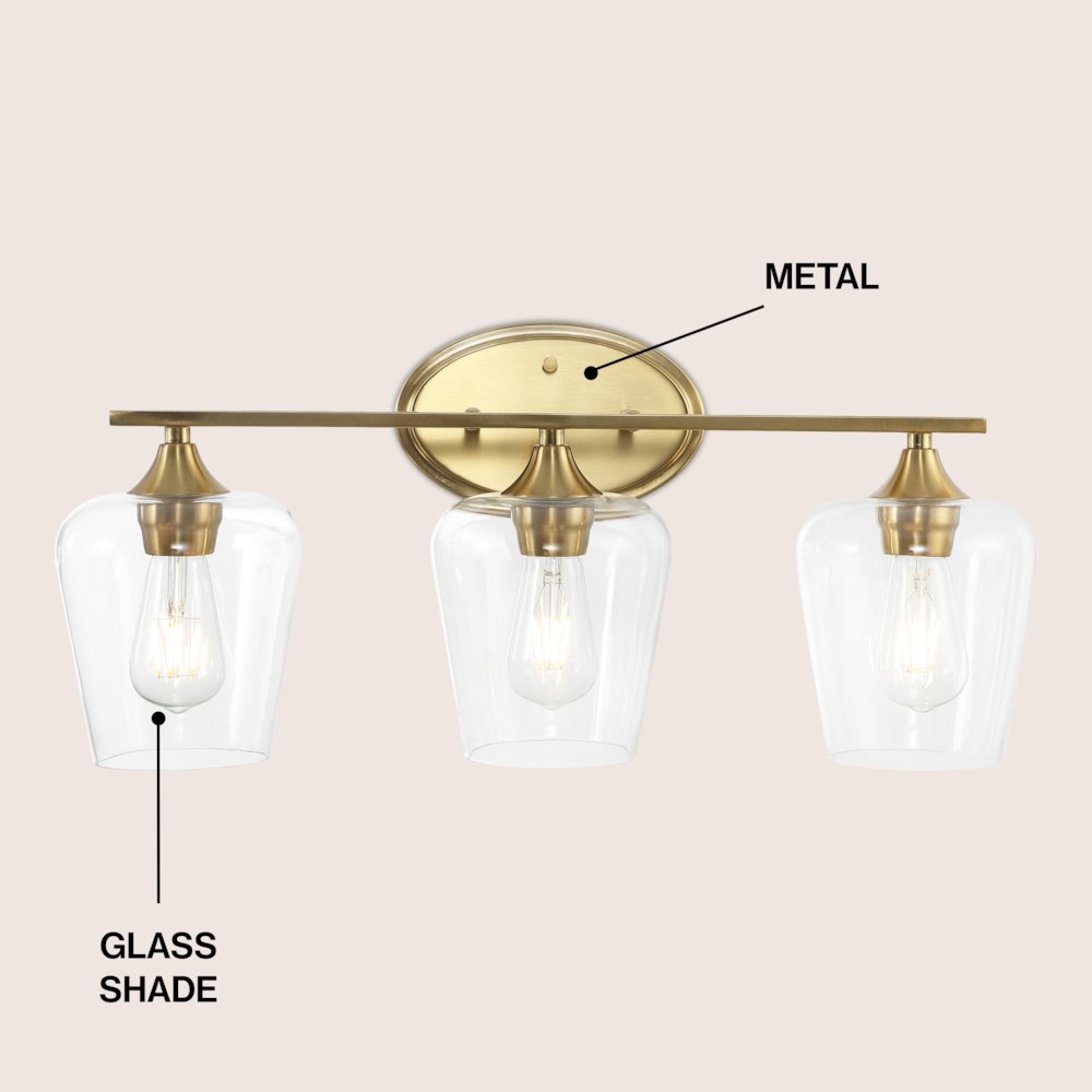 Jayne 23" 3-Light Iron/Glass Cottage Rustic LED Vanity Light, Brass Gold. Picture 3