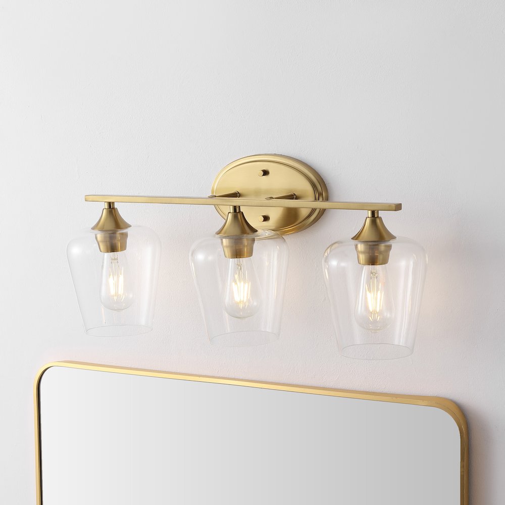 Jayne 23" 3-Light Iron/Glass Cottage Rustic LED Vanity Light, Brass Gold. Picture 7
