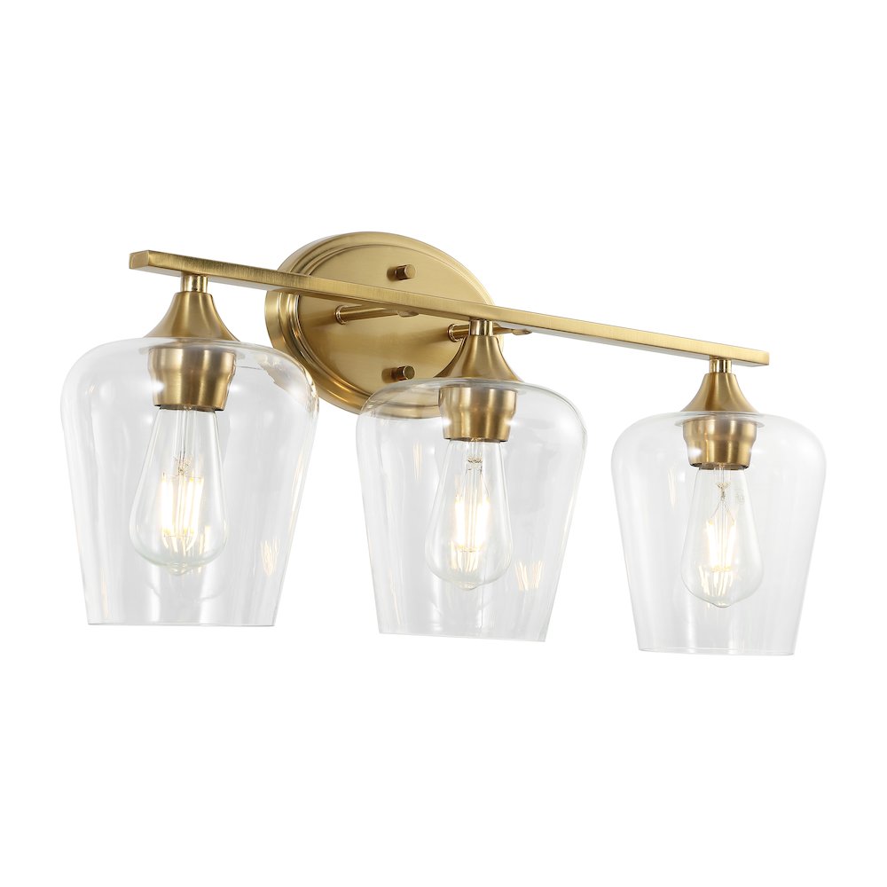 Jayne 23" 3-Light Iron/Glass Cottage Rustic LED Vanity Light, Brass Gold. Picture 1