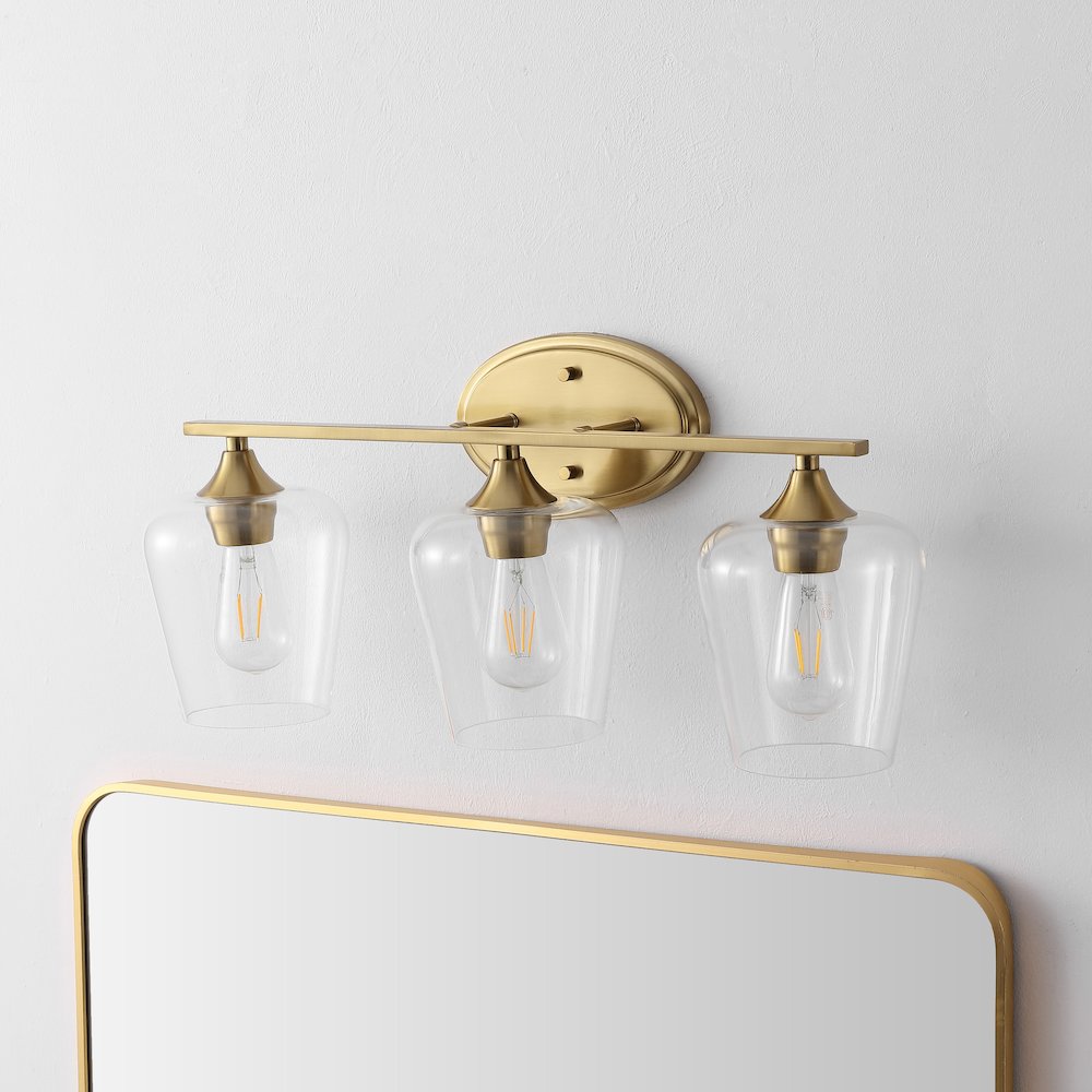 Jayne 23" 3-Light Iron/Glass Cottage Rustic LED Vanity Light, Brass Gold. Picture 2