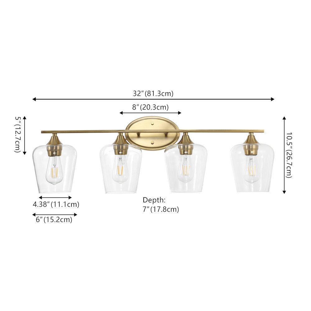 Jayne 32" 4-Light Iron/Glass Cottage Rustic LED Vanity Light, Brass Gold. Picture 6