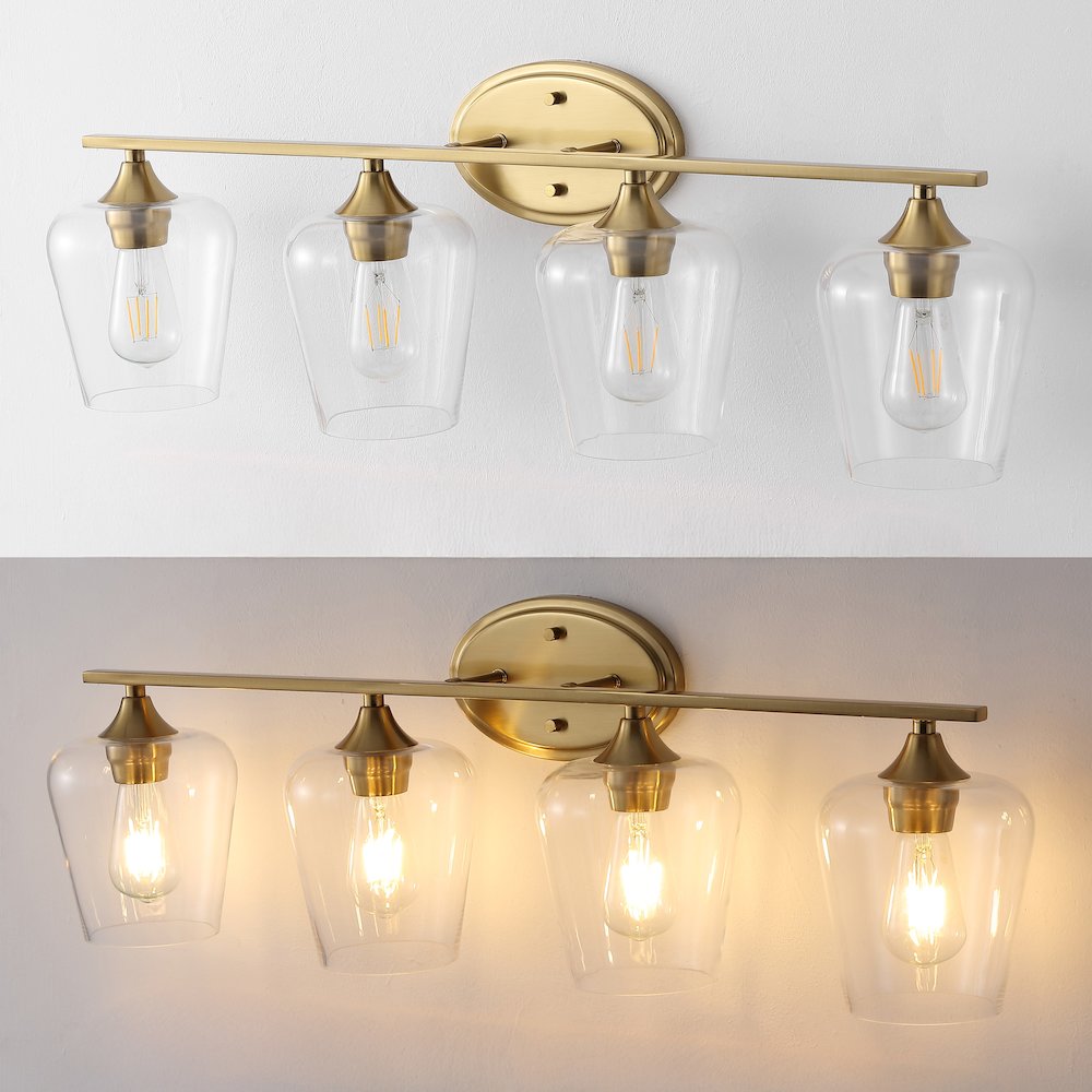 Jayne 32" 4-Light Iron/Glass Cottage Rustic LED Vanity Light, Brass Gold. Picture 5