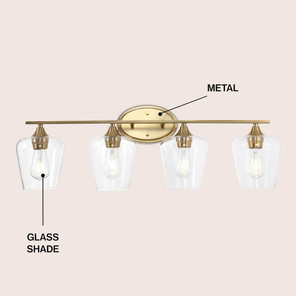 Jayne 32" 4-Light Iron/Glass Cottage Rustic LED Vanity Light, Brass Gold. Picture 3
