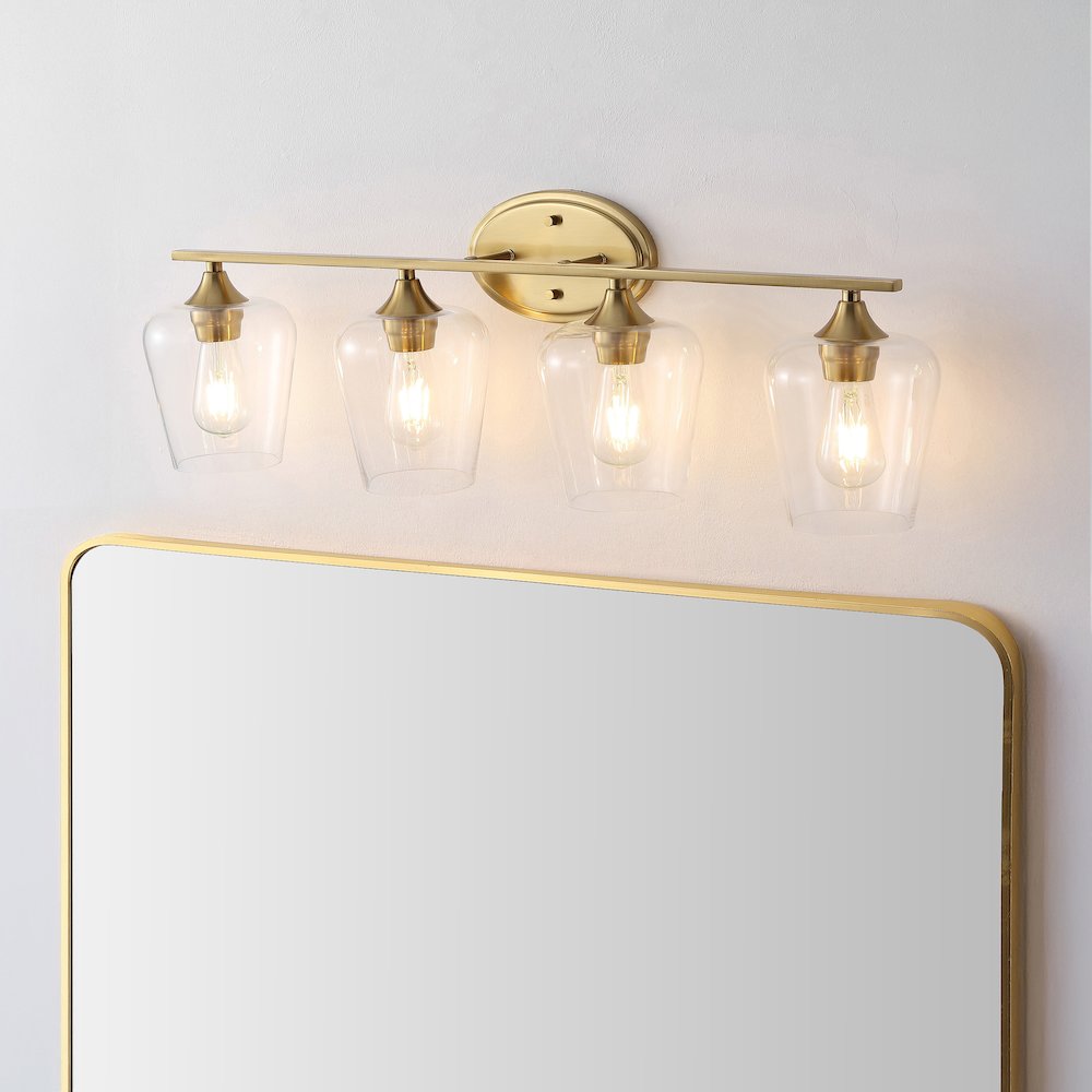 Jayne 32" 4-Light Iron/Glass Cottage Rustic LED Vanity Light, Brass Gold. Picture 7