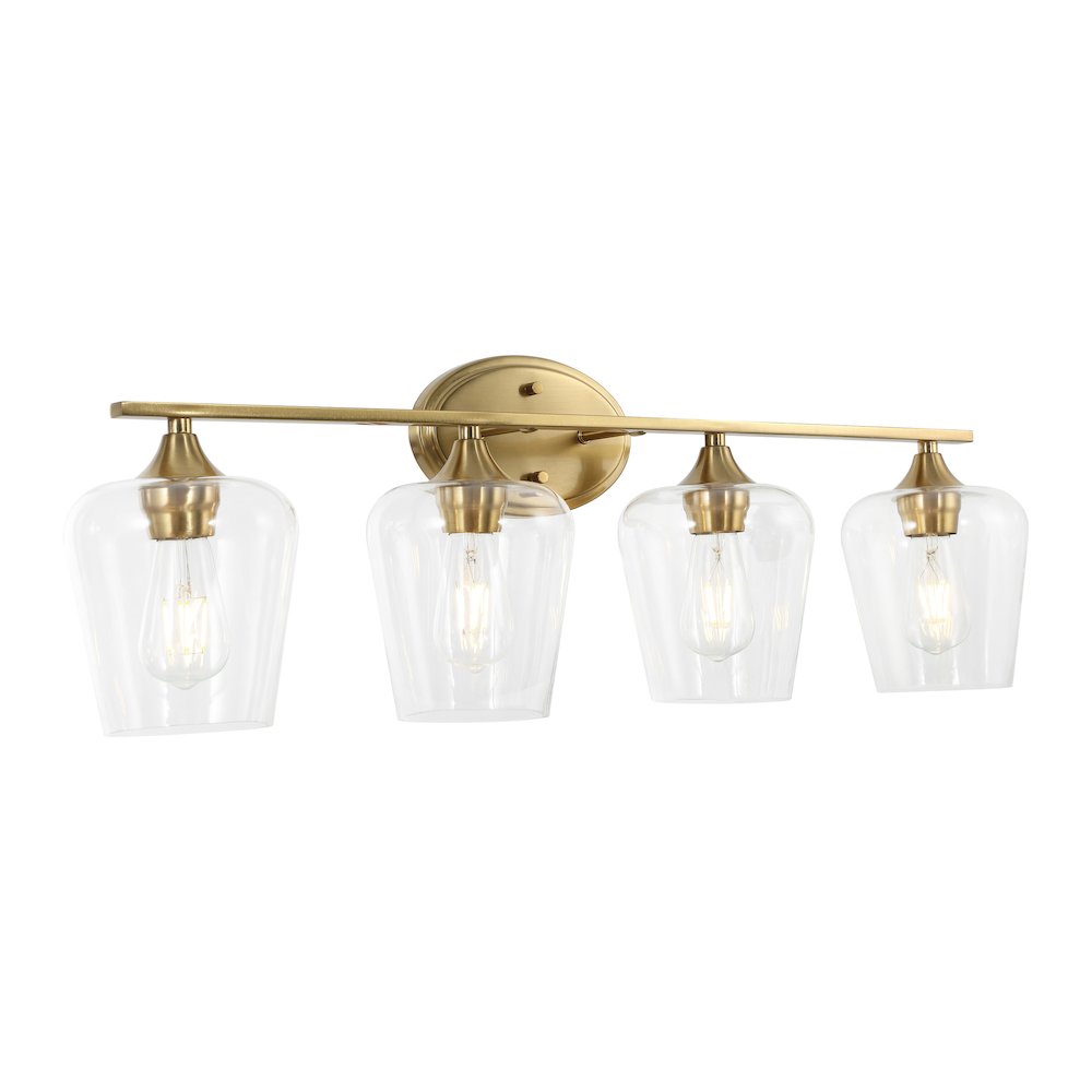 Jayne 32" 4-Light Iron/Glass Cottage Rustic LED Vanity Light, Brass Gold. Picture 1