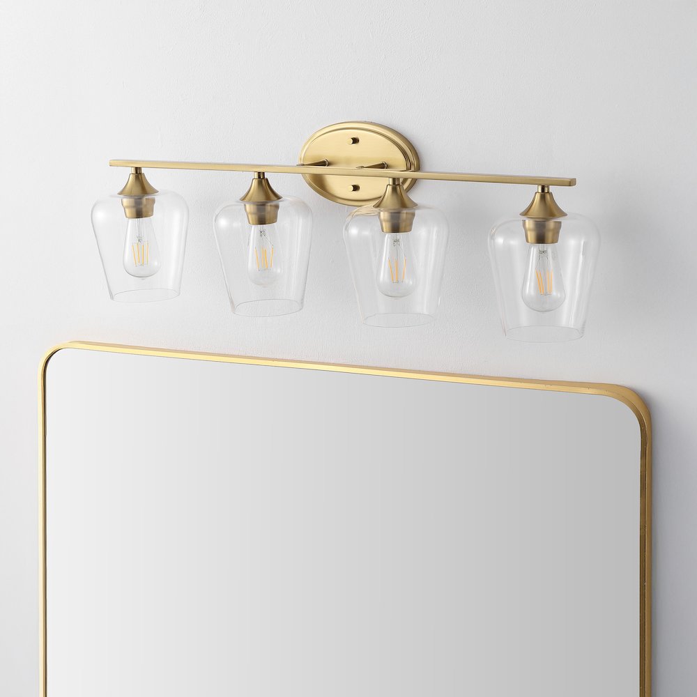 Jayne 32" 4-Light Iron/Glass Cottage Rustic LED Vanity Light, Brass Gold. Picture 2