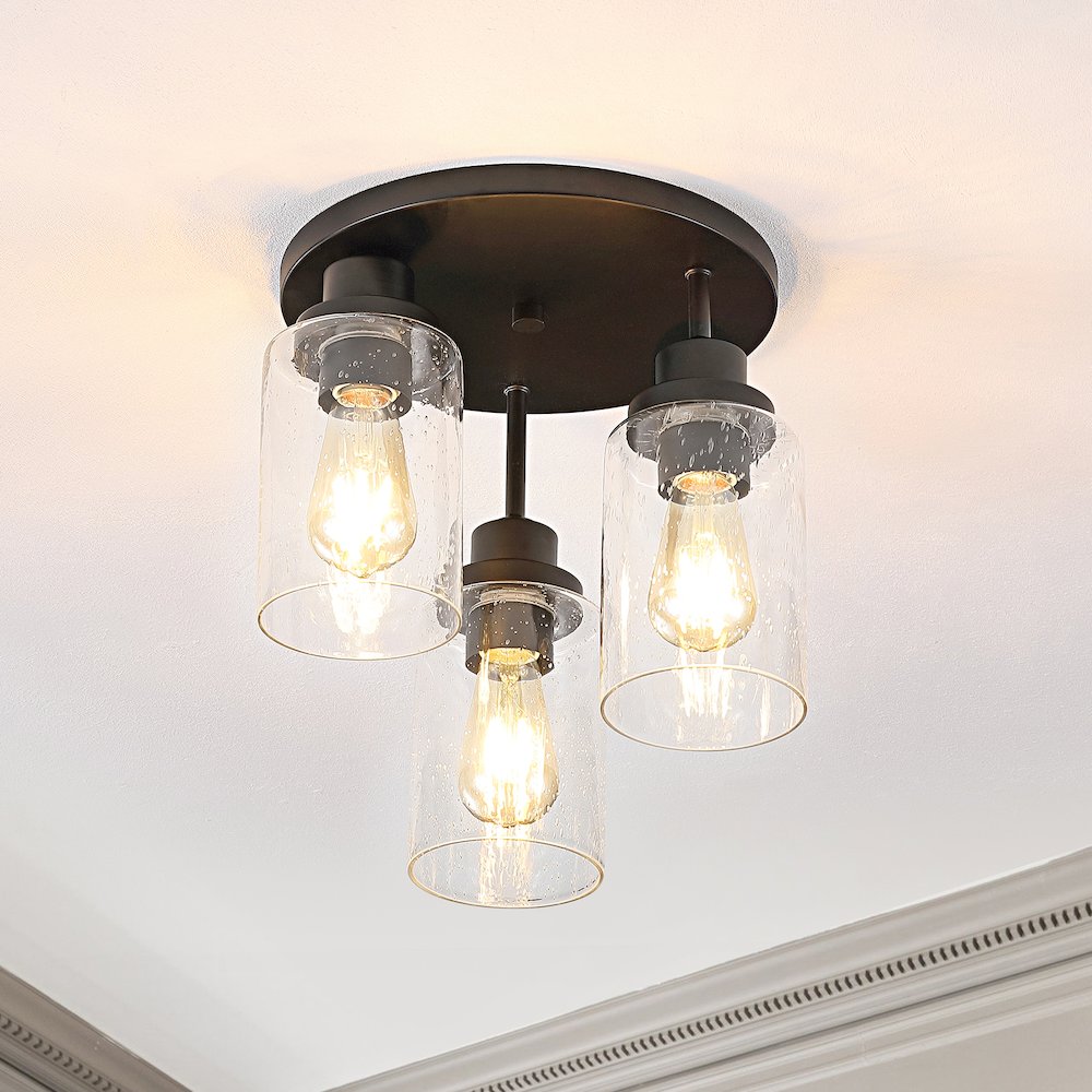 Jonah Bohemian Farmhouse Iron/Seeded Glass Led Semi Flush Mount. Picture 8