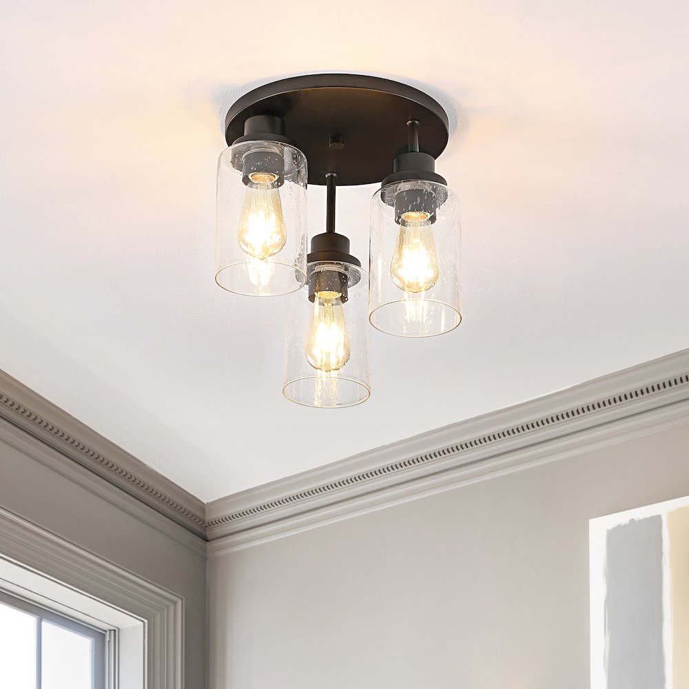 Jonah Bohemian Farmhouse Iron/Seeded Glass Led Semi Flush Mount. Picture 4