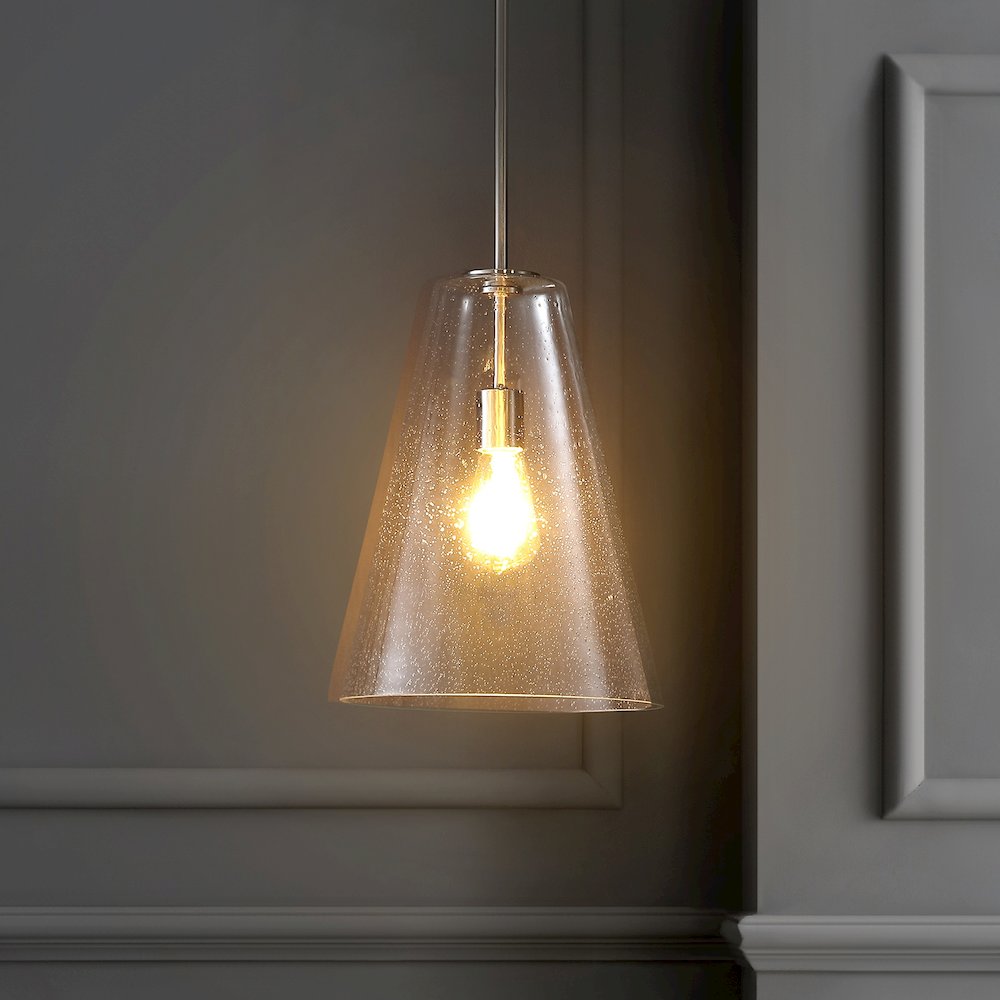 Arlo Mid Century Modern Iron/Seeded Glass Led Pendant. Picture 6