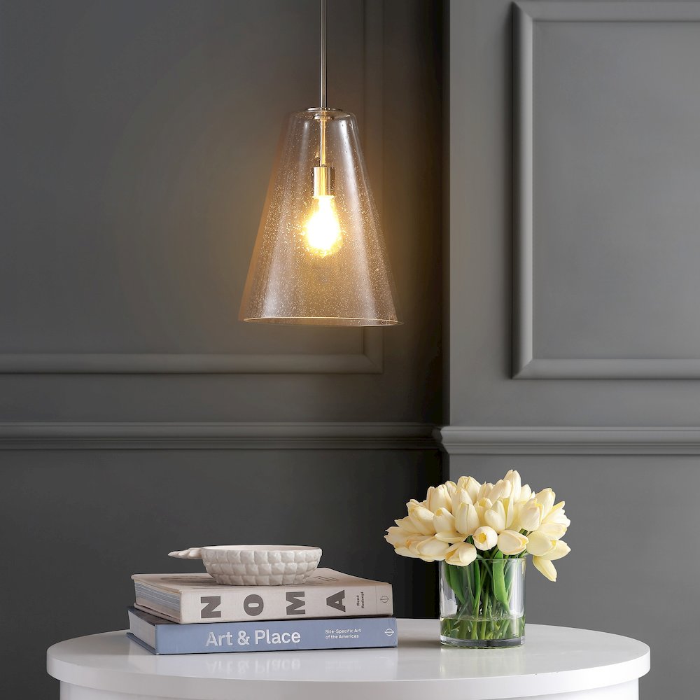 Arlo Mid Century Modern Iron/Seeded Glass Led Pendant. Picture 4