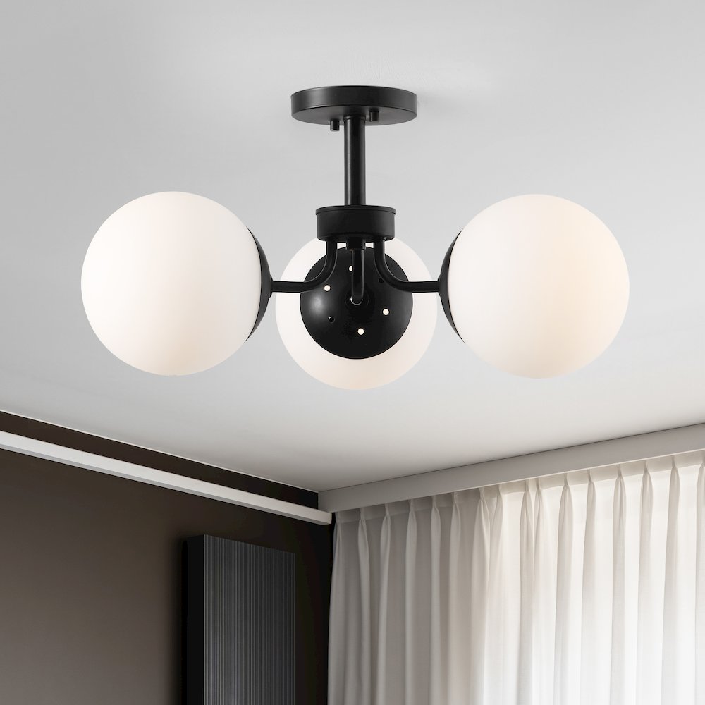 Olivier 3-Light Bohemian Farmhouse Iron/Frosted Glass LED Semi Flush Mount. Picture 1