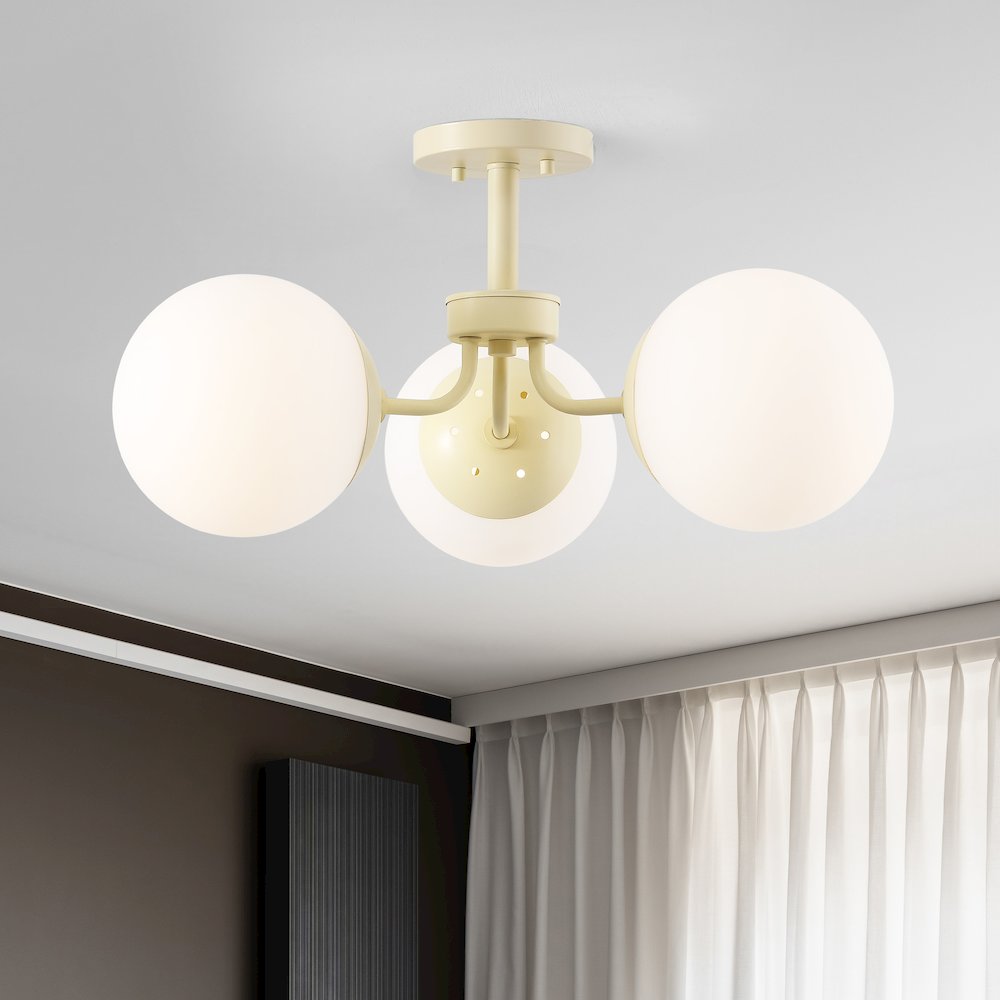 Olivier 3-Light Bohemian Farmhouse Iron/Frosted Glass LED Semi Flush Mount. Picture 1