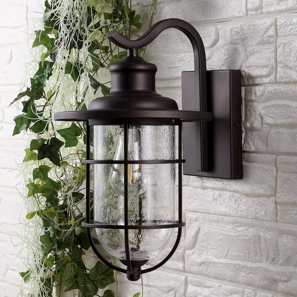 Westfield Iron/Seeded Glass Rustic Industrial Cage Led Outdoor Lantern. Picture 7