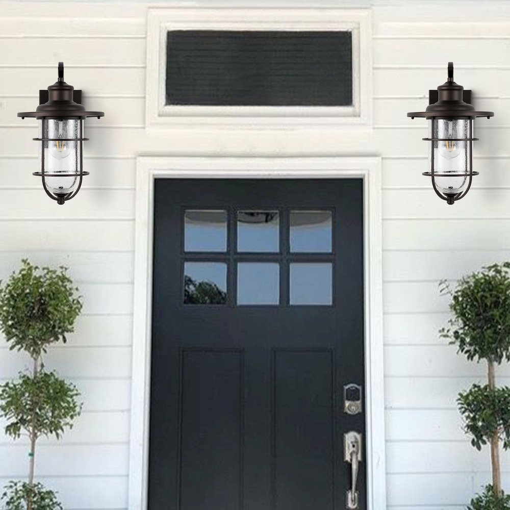 Westfield Iron/Seeded Glass Rustic Industrial Cage Led Outdoor Lantern. Picture 8