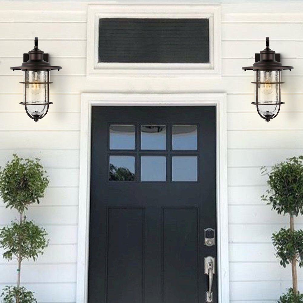 Westfield Iron/Seeded Glass Rustic Industrial Cage Led Outdoor Lantern. Picture 6