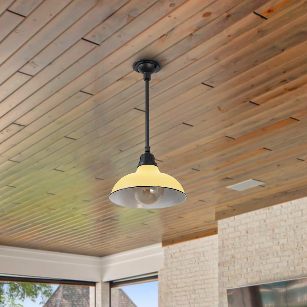 Jasper 12.25" 1-Light Industrial Indoor/Outdoor Iron LED Pendant, Matte Yellow. Picture 2