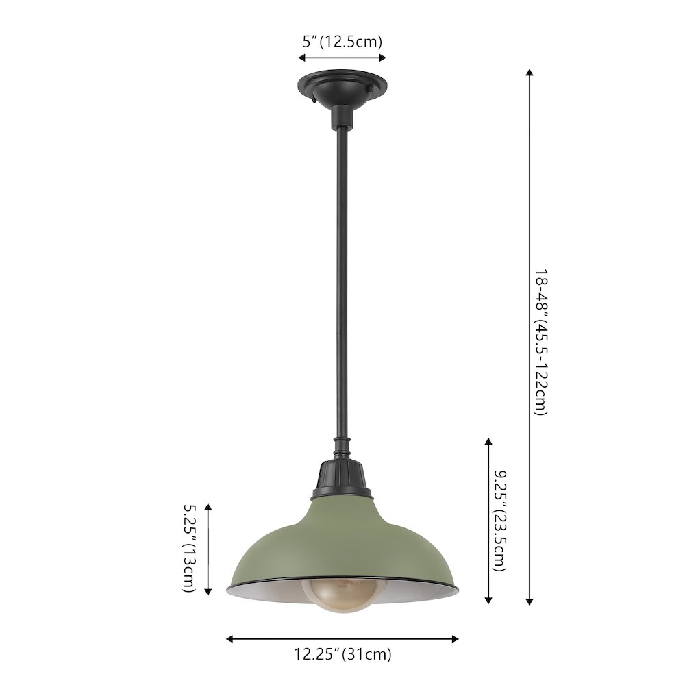 12.25" 1-Light Industrial Indoor/Outdoor Iron LED Pendant, Matte Olive Green. Picture 6