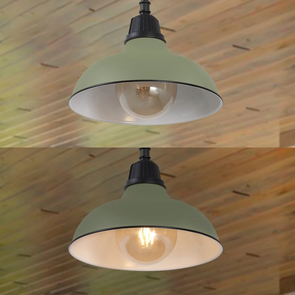 12.25" 1-Light Industrial Indoor/Outdoor Iron LED Pendant, Matte Olive Green. Picture 5
