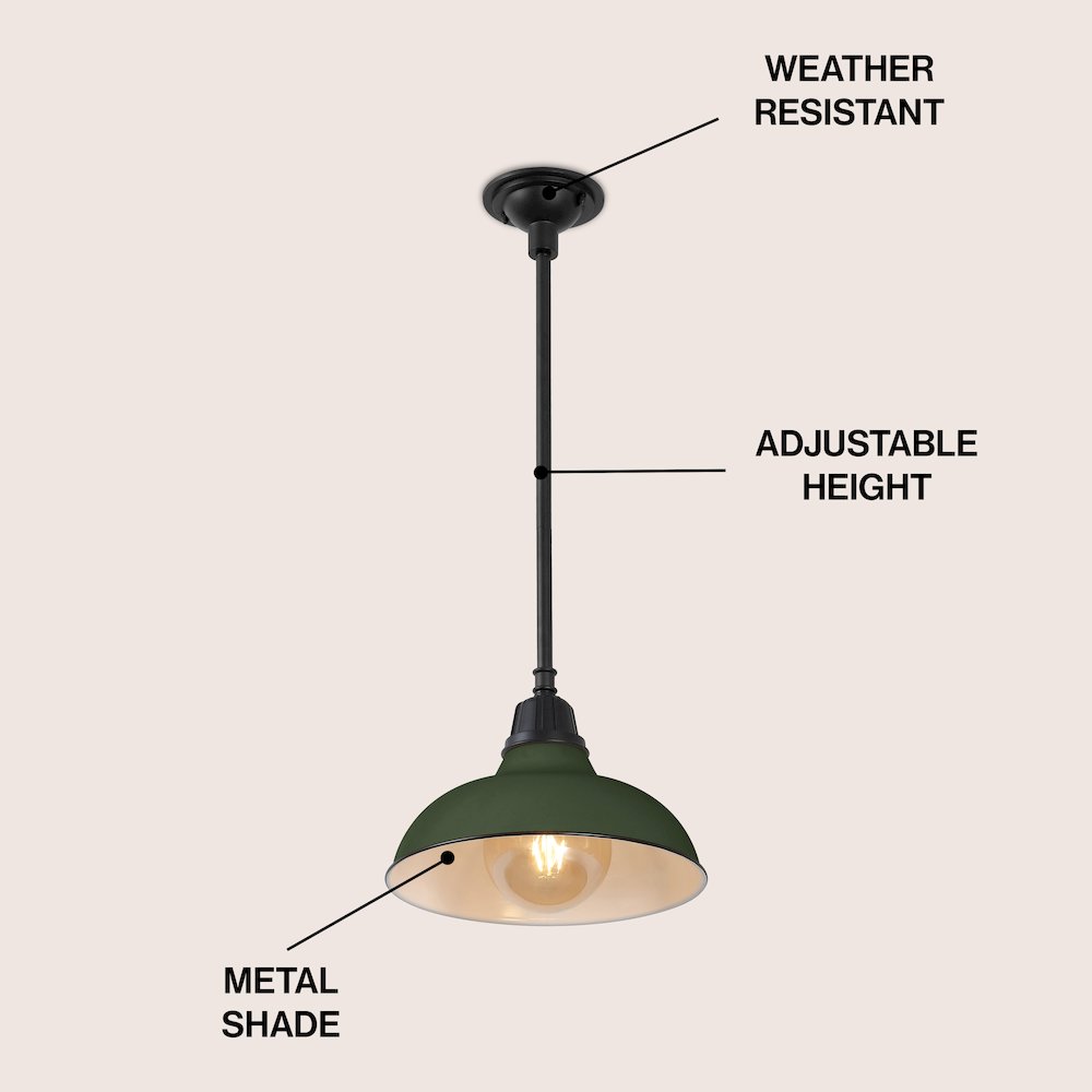 12.25" 1-Light Industrial Indoor/Outdoor Iron LED Pendant, Matte Olive Green. Picture 3