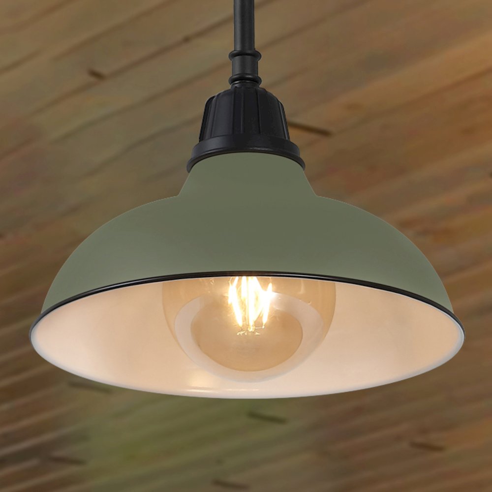 12.25" 1-Light Industrial Indoor/Outdoor Iron LED Pendant, Matte Olive Green. Picture 7
