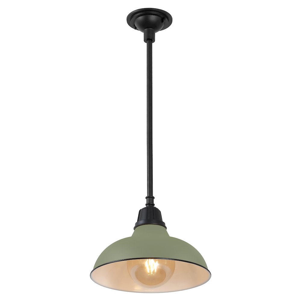 12.25" 1-Light Industrial Indoor/Outdoor Iron LED Pendant, Matte Olive Green. Picture 1