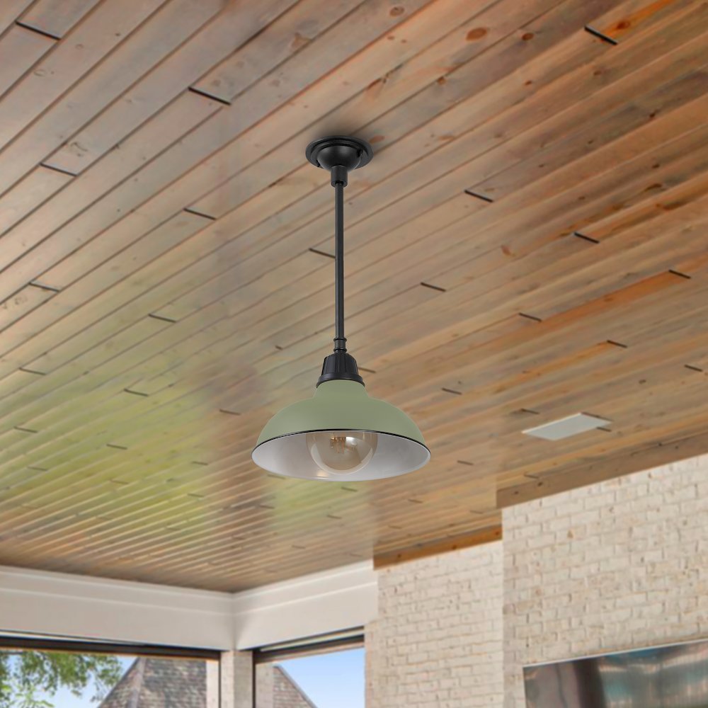 12.25" 1-Light Industrial Indoor/Outdoor Iron LED Pendant, Matte Olive Green. Picture 2
