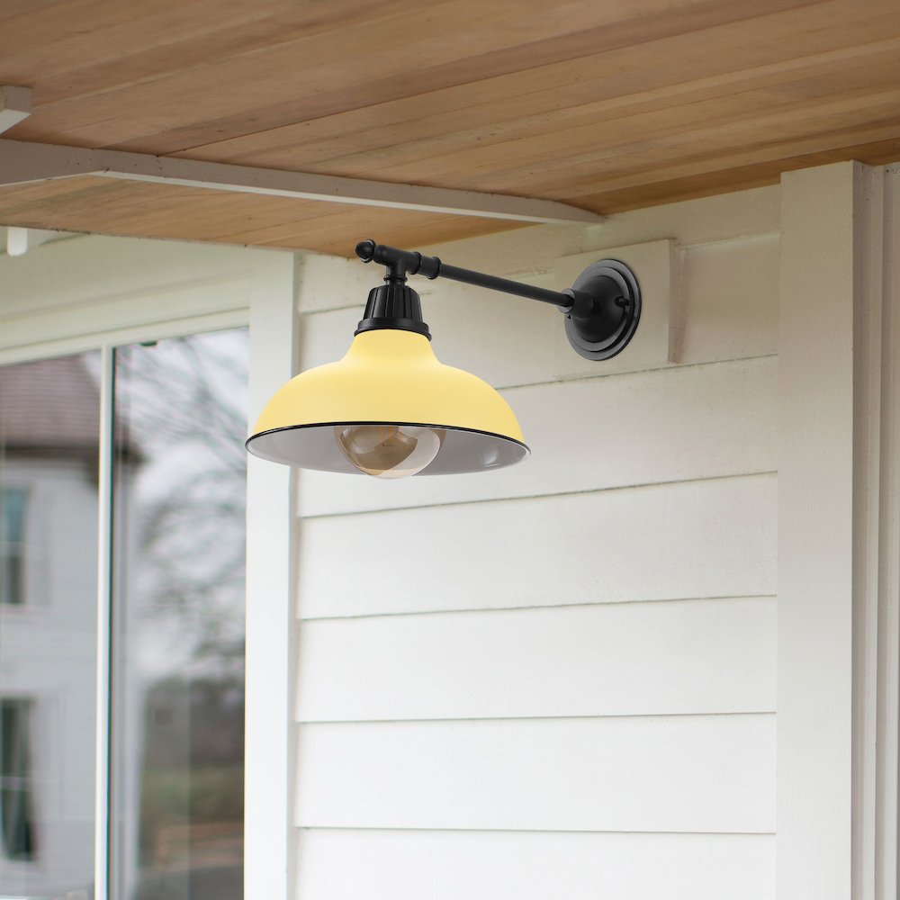 12.25" 1-Light Industrial Iron LED Victorian Arm Outdoor Sconce, Matte Yellow. Picture 2