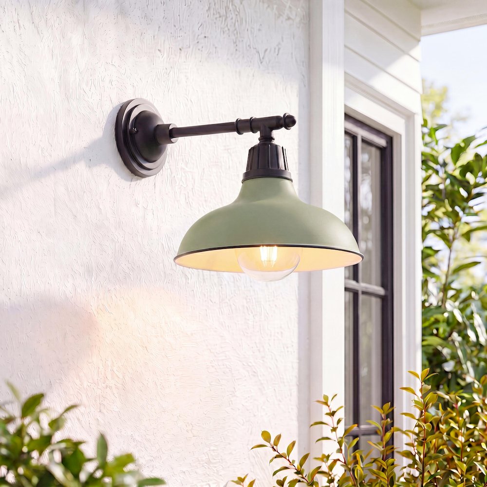 12.25" 1-Light  Iron LED Victorian Arm Outdoor Sconce, Matte Olive Green. Picture 8