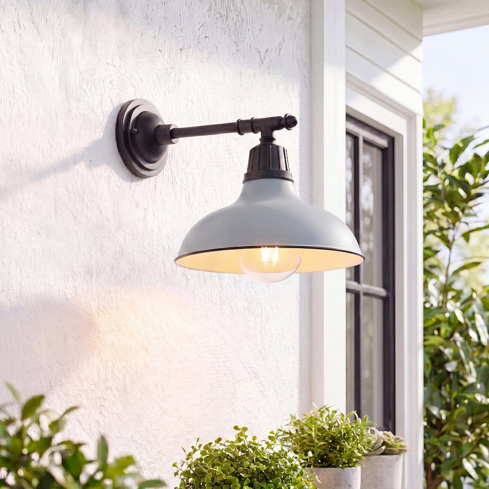 12.25" 1-Light Industrial Iron LED Victorian Arm Outdoor Sconce, Matte Gray. Picture 8