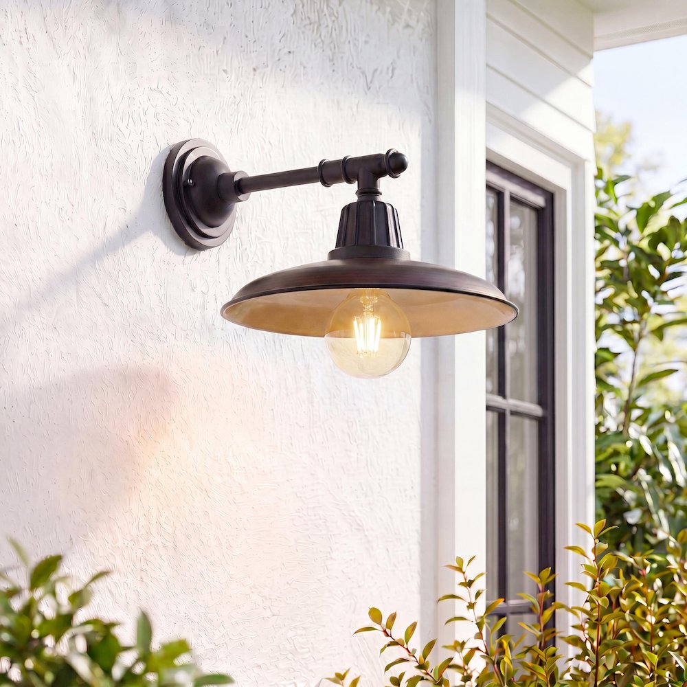 Bonner Farmhouse Industrial Indoor/Outdoor Iron Led Victorian Arm Outdoor Sconce. Picture 7