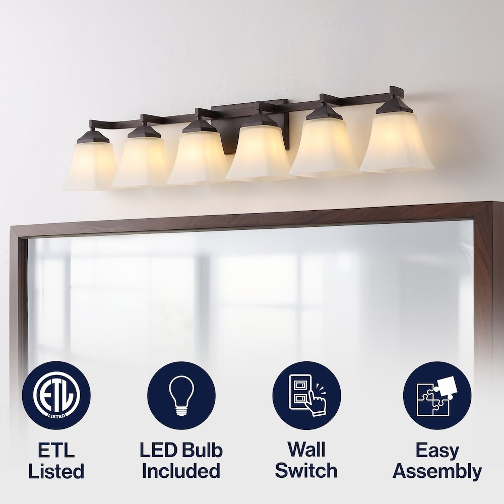 Staunton 6-Light Metal LED Vanity Light with Frosted Glass Shades. Picture 6