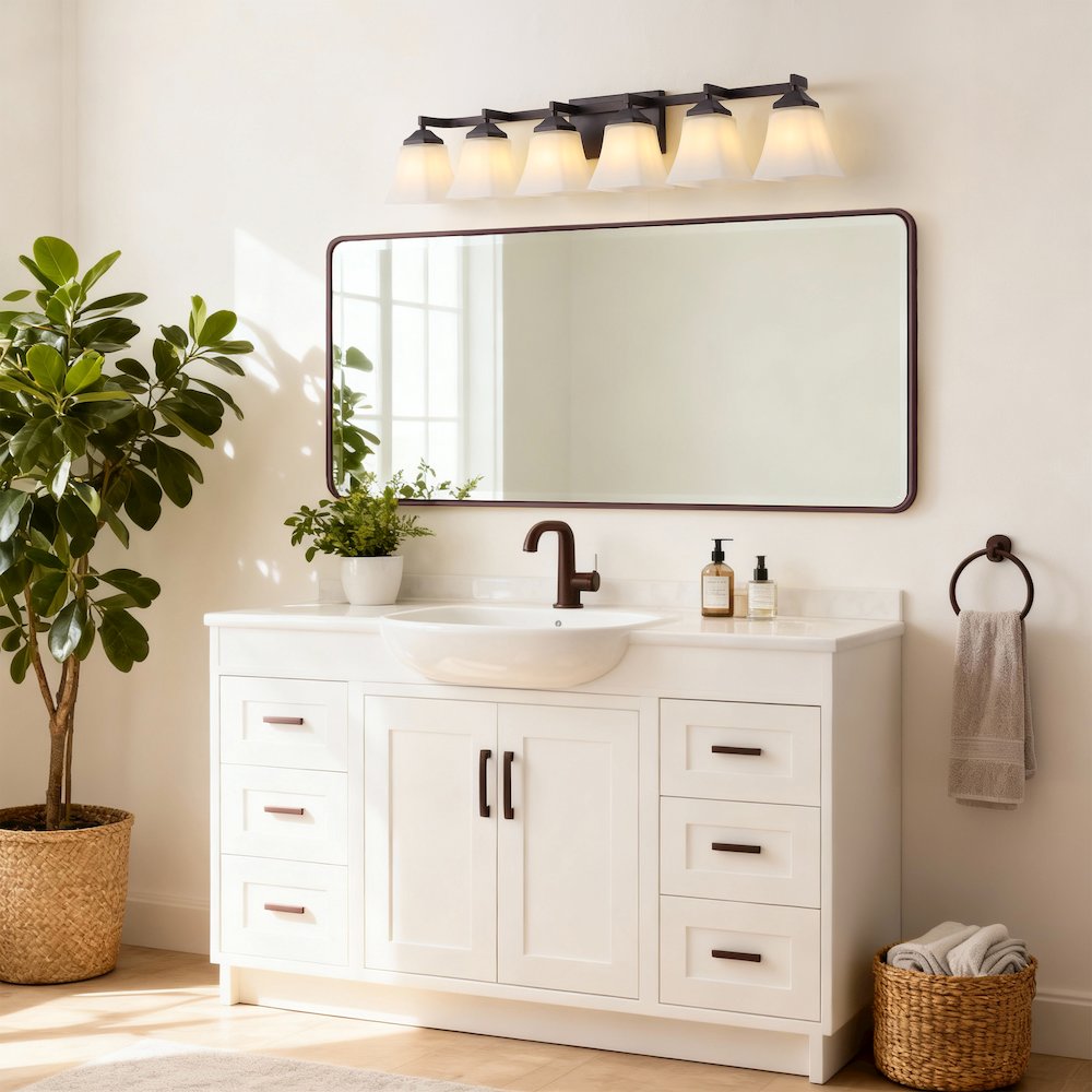 Staunton 6-Light Metal LED Vanity Light with Frosted Glass Shades. Picture 9