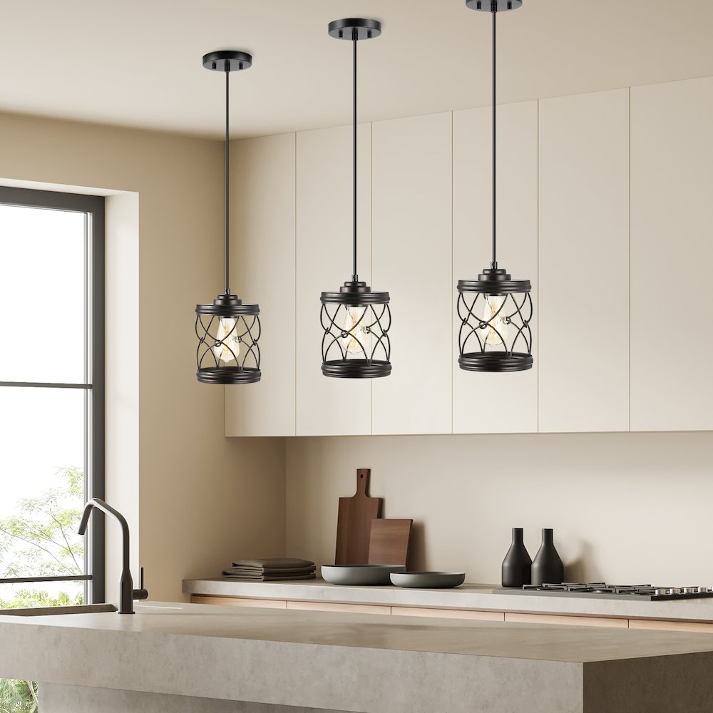 Marelle 1-Light Farmhouse Industrial Iron Filigree Caged Jar Led Pendant. Picture 4
