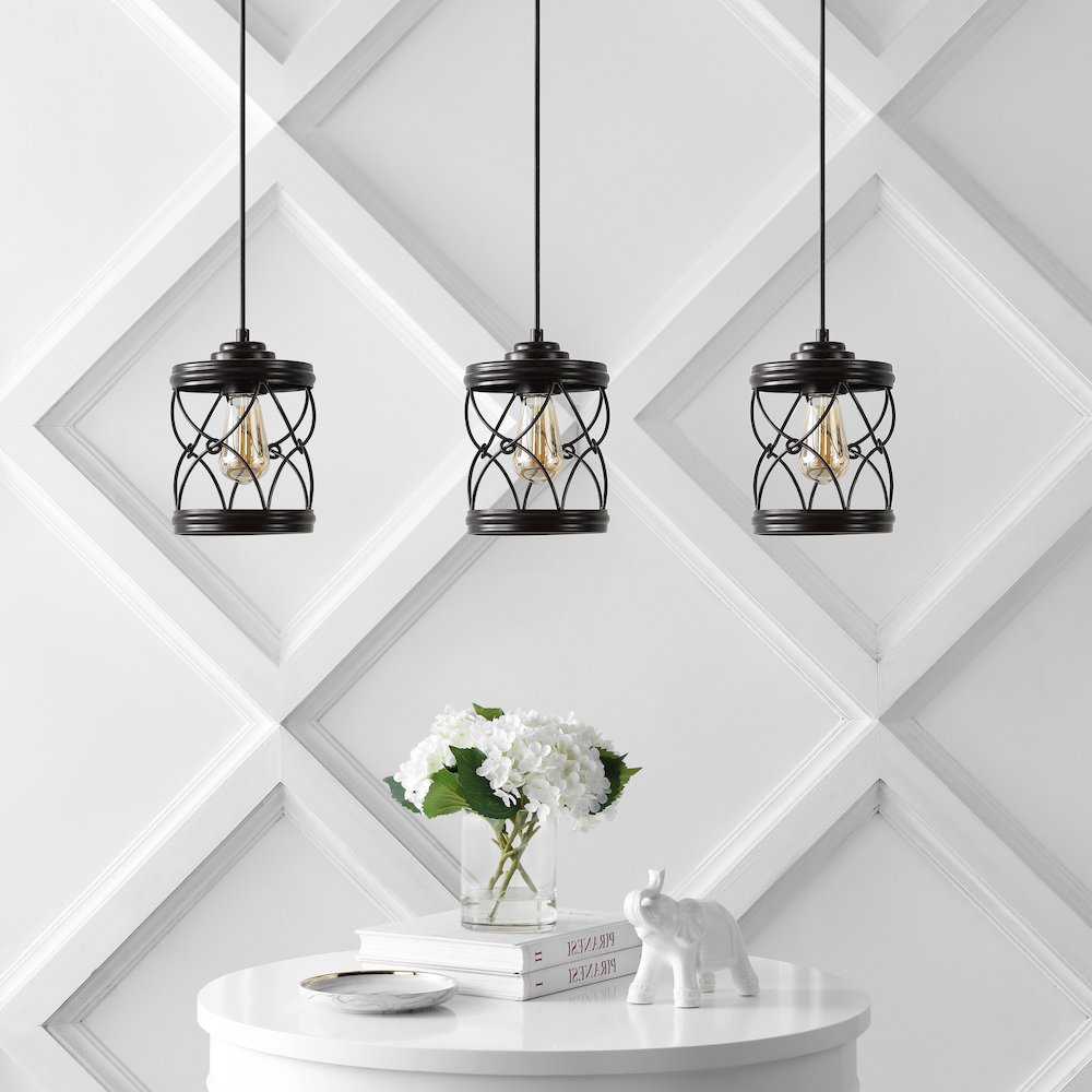 Marelle 1-Light Farmhouse Industrial Iron Filigree Caged Jar Led Pendant. Picture 1