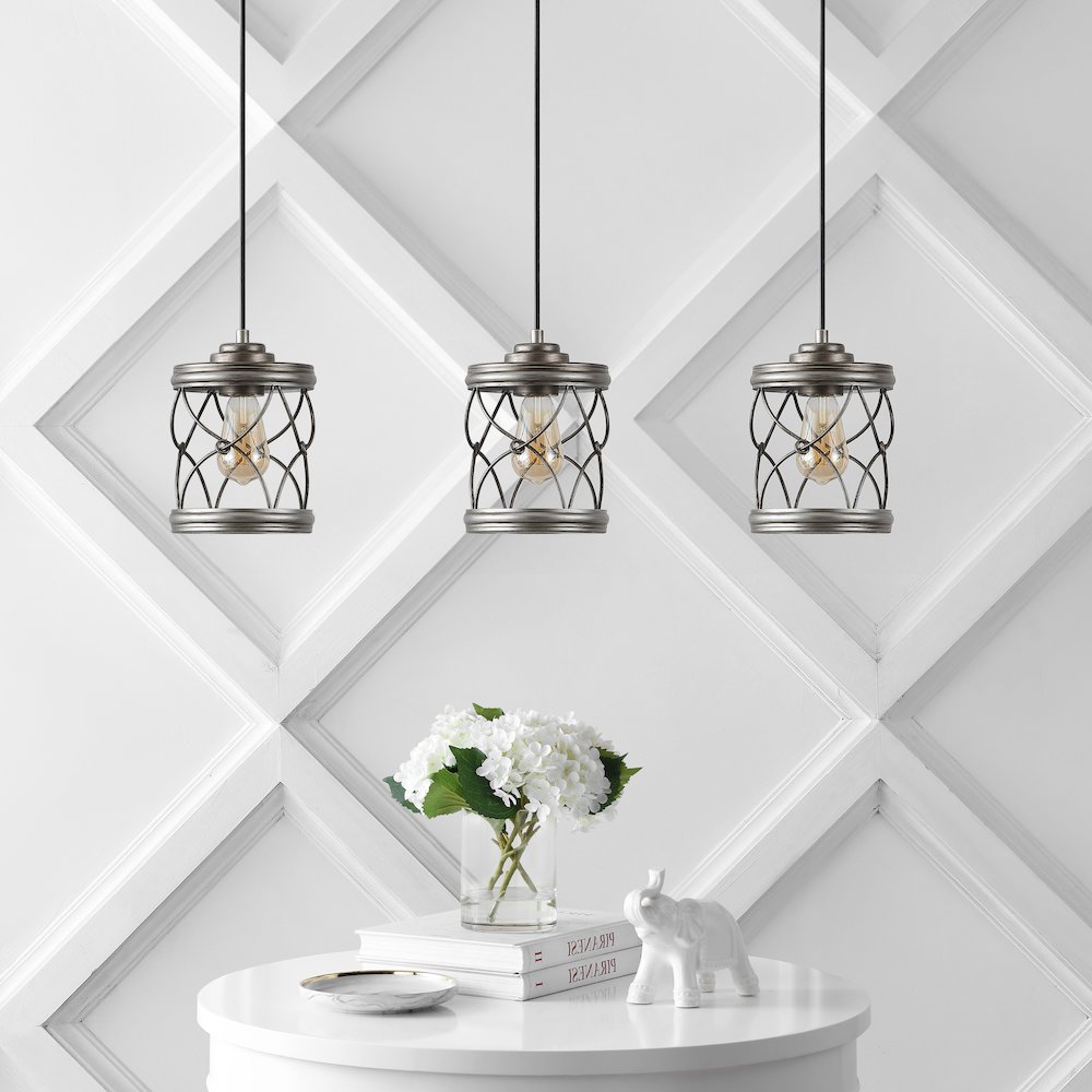 Marelle 1-Light Farmhouse Industrial Iron Filigree Caged Jar Led Pendant. Picture 1