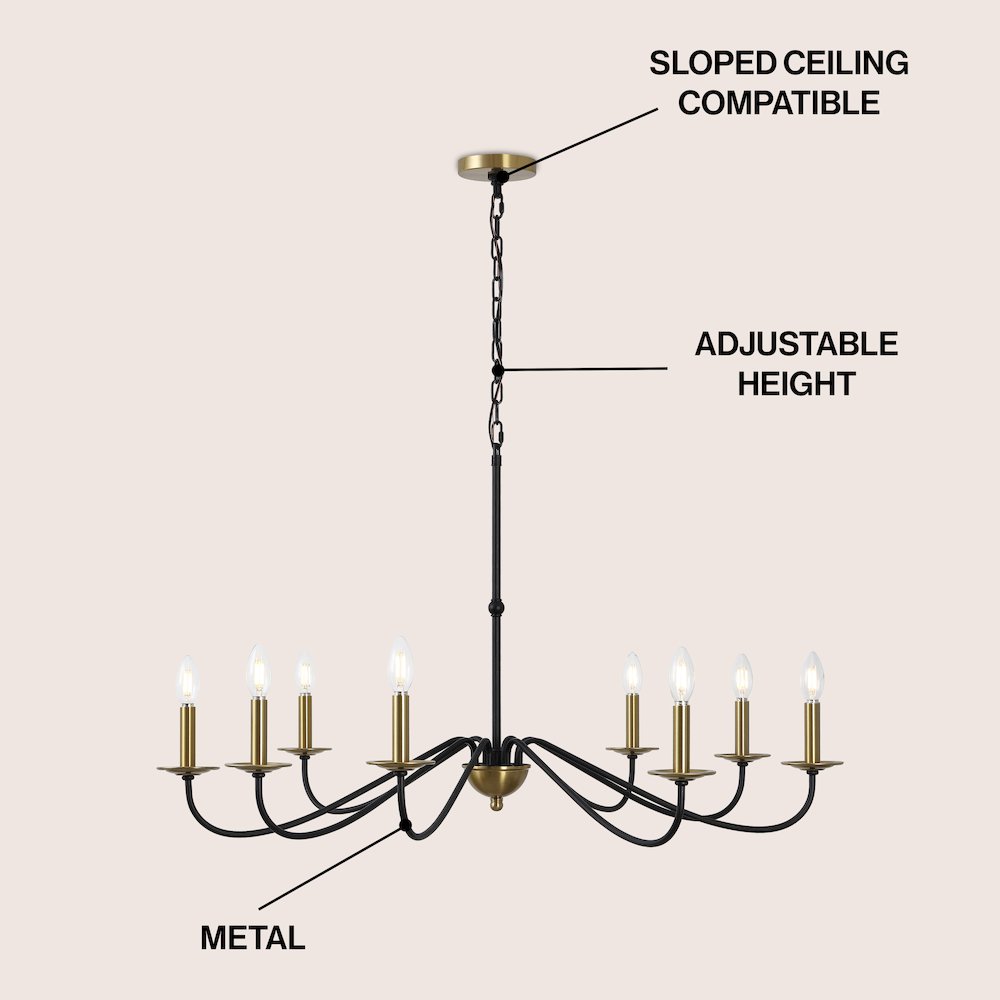 Wicklow 40" 8-Light Bohemian Farmhouse Iron LED Chandelier, Brass Gold/Black. Picture 3