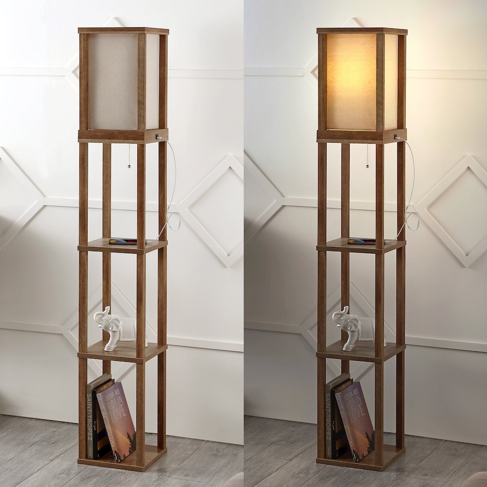 Etagere Rustic Bohemian Wooden Led Shelf Floor Lamp With Pull Chain. Picture 7